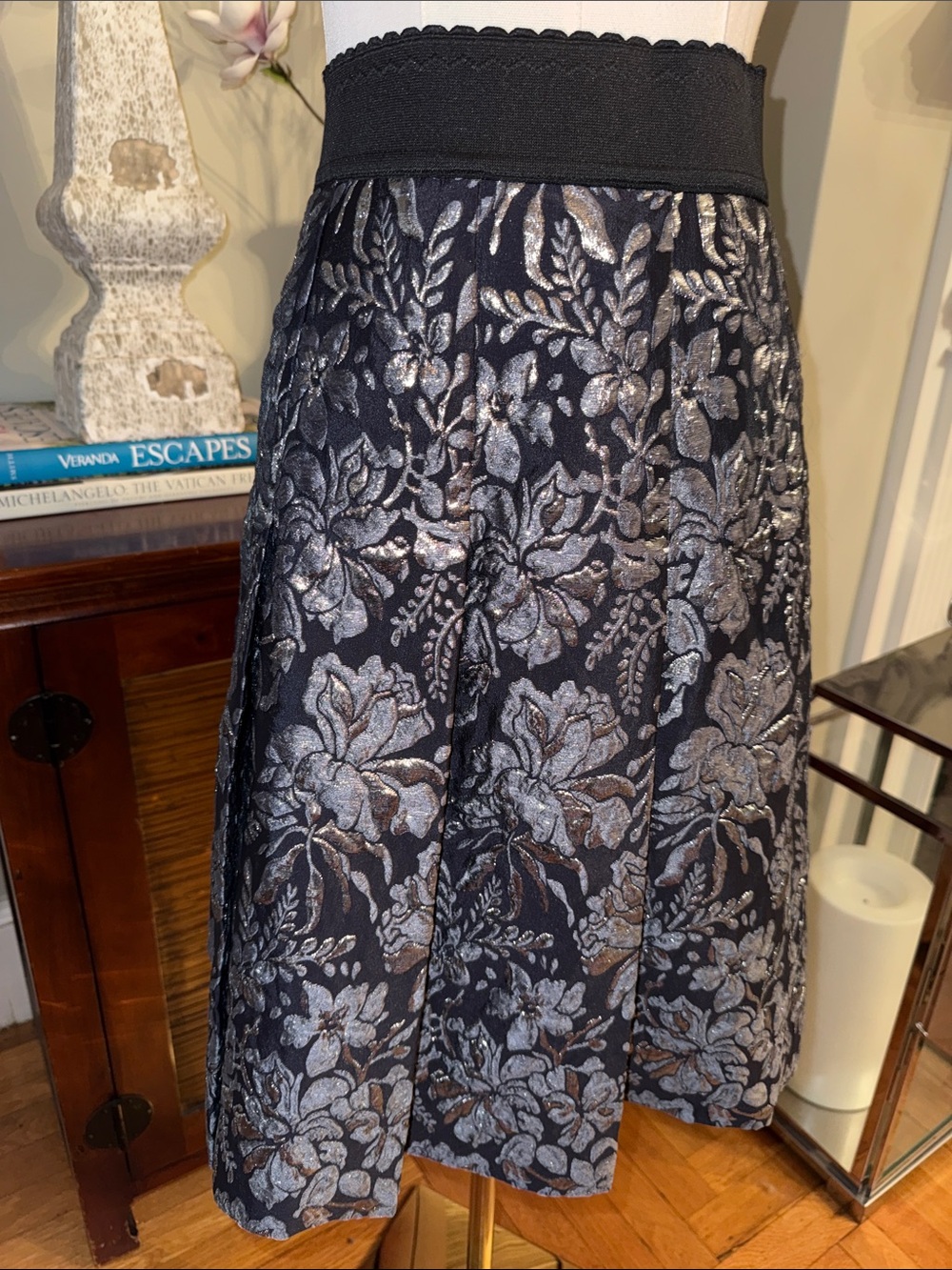 Per Se Navy/Black w/grey and silver metallic floral jacquard skirt